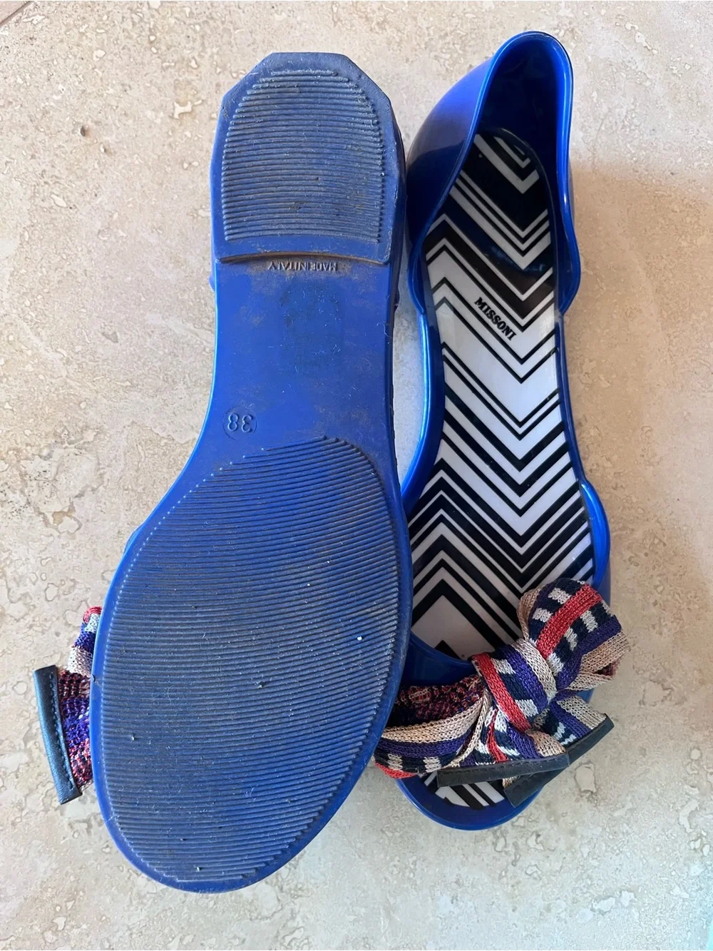 Missoni Royal Blue Peep-Toe Flats with Multicolor Bow